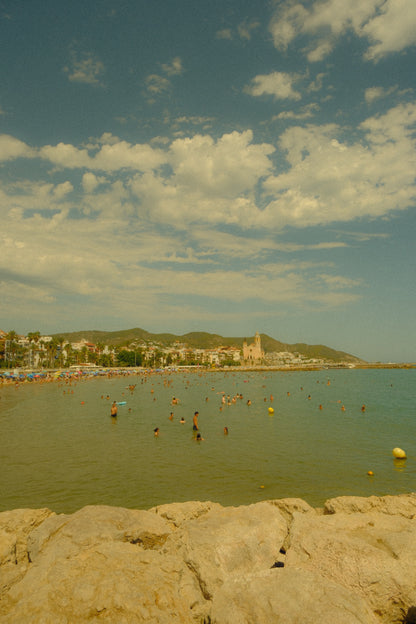 Vintage-style view of the beach in Sitges, Spain